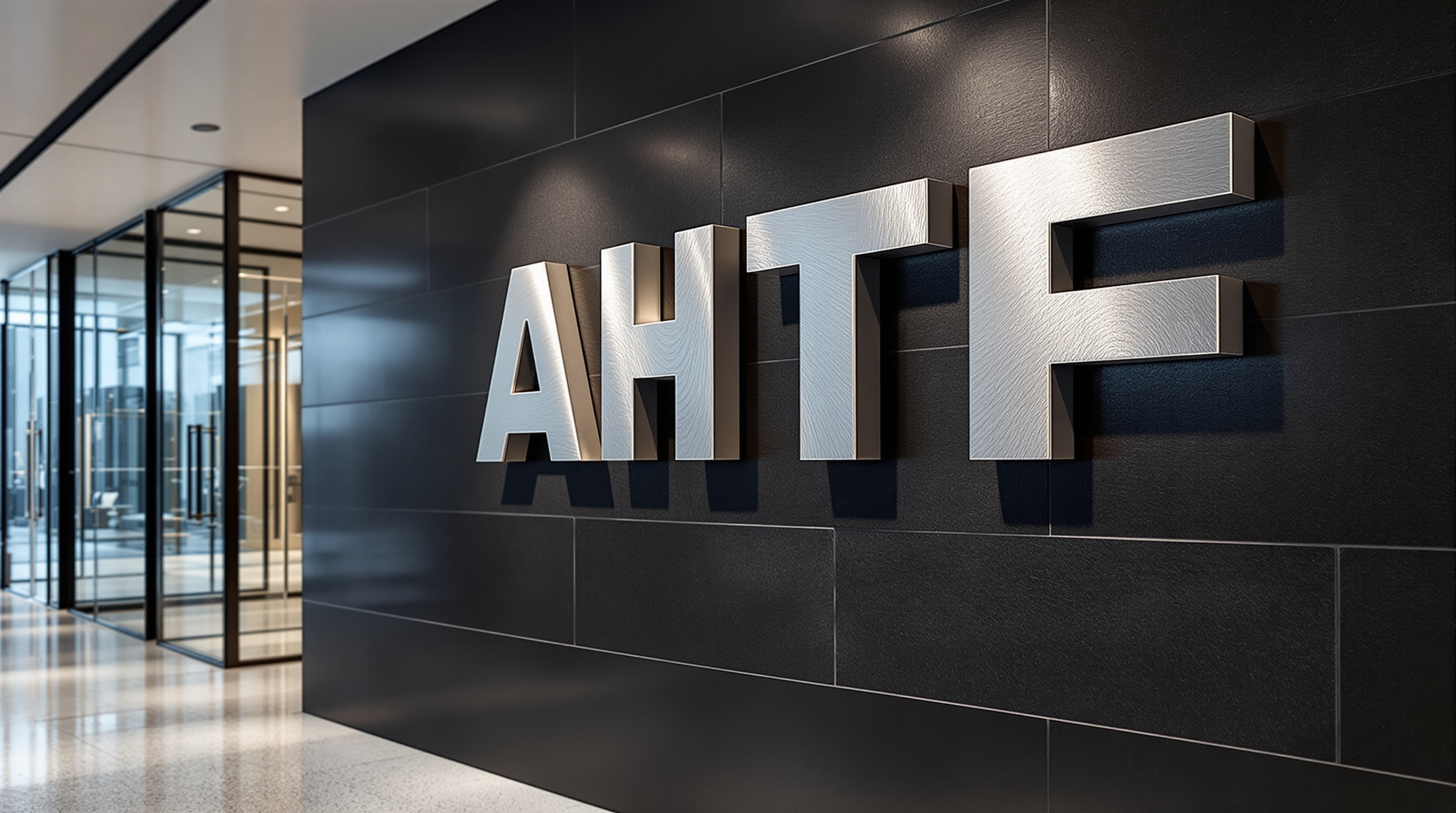 Brushed aluminum sign letters on slate wall